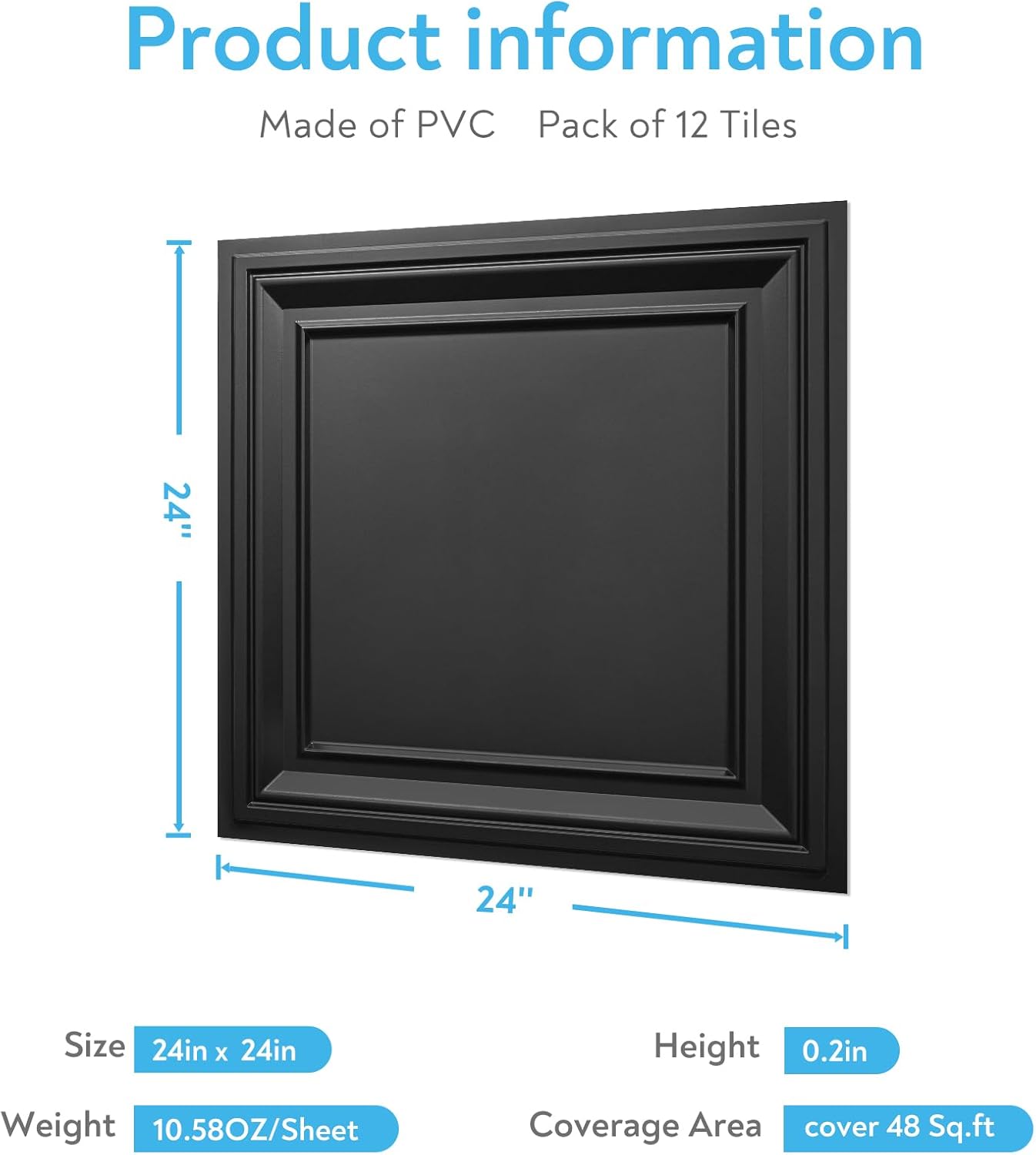 STICKGOO Drop Ceiling Tiles 24x24 PVC Glue Up Ceiling Panel to Prevent Breakage Pack of 12 Tiles Cover 48 Sq. Ft, Black