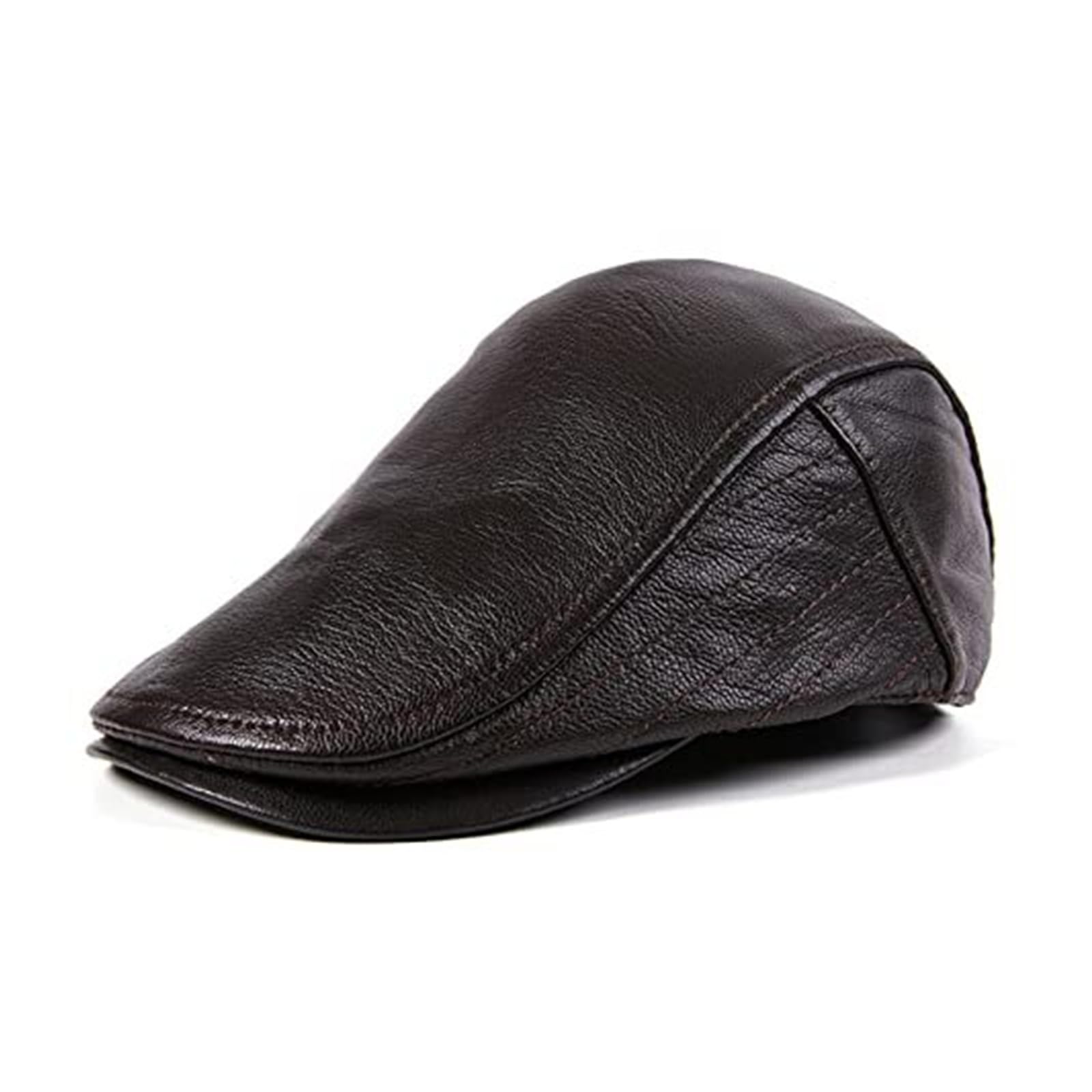 Men's Real Leather Winter Flat Cap Adjustable Newsboy Hat - Black/Brown (56-58cm)(56-58cm; Brown)