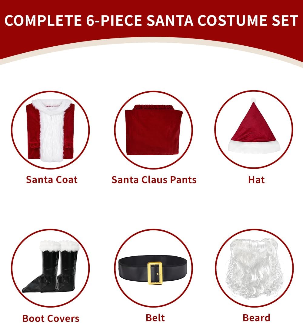 Santa Claus Costume for Men Adult - Deluxe 9pc Santa Suit, Velvet Santa Outfit Set for Holiday Parties & Festive Events - Image 2
