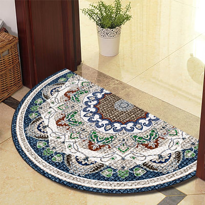 Eseriallen Half Round Door Mat Indoor Entrance Washable Half Circle Area Rugs Boho Mandala Non Slip Grey blue base light luxury F (1) 120cm X 180cm