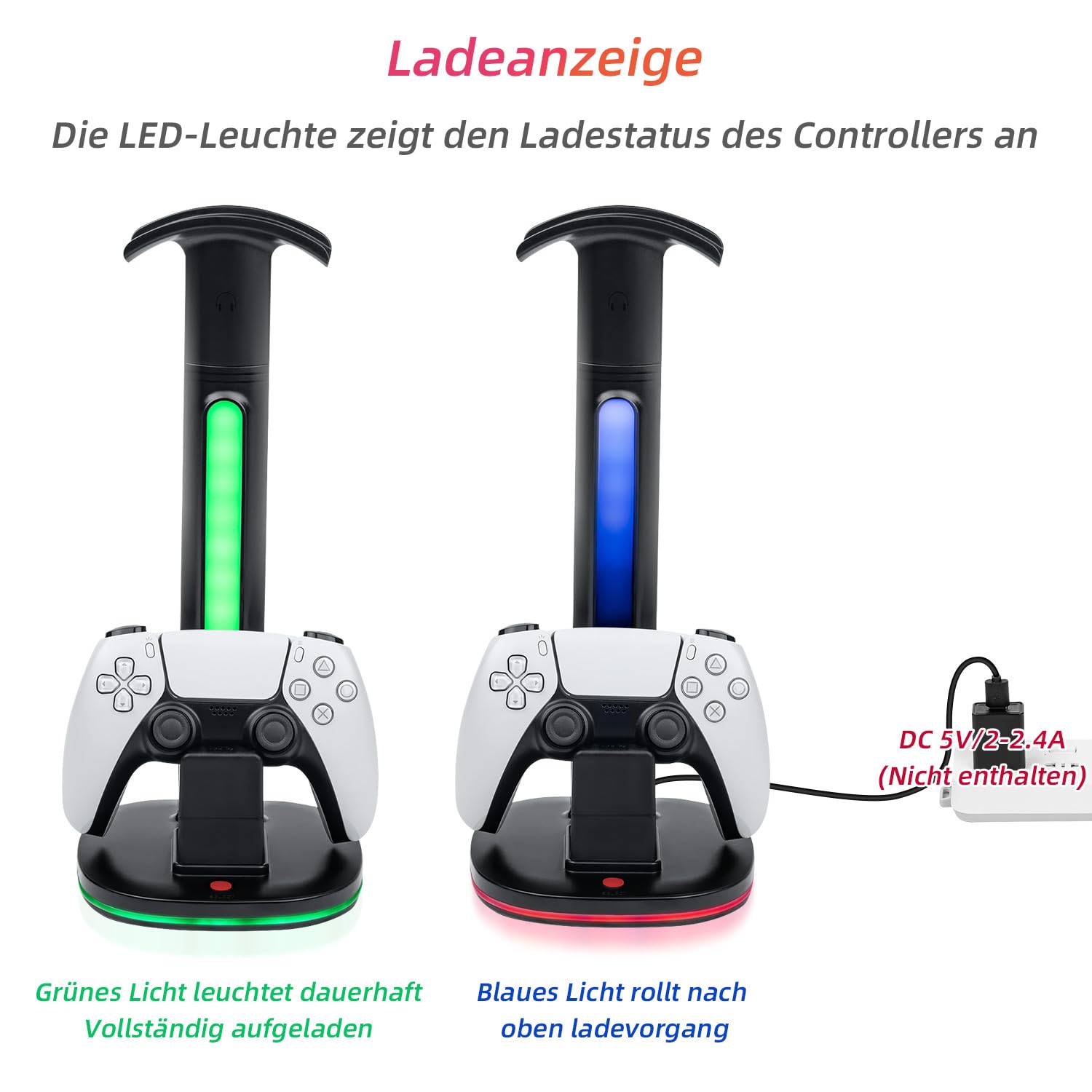Game Controller Halter/Headset Ständer mit Ladestation für PS5 DualSense Controller, Kopfhörer Halter Gaming Zubehör mit 2 USB Anschlüss für PlayStation 5 DualSense Edge Controller Ladegeräts