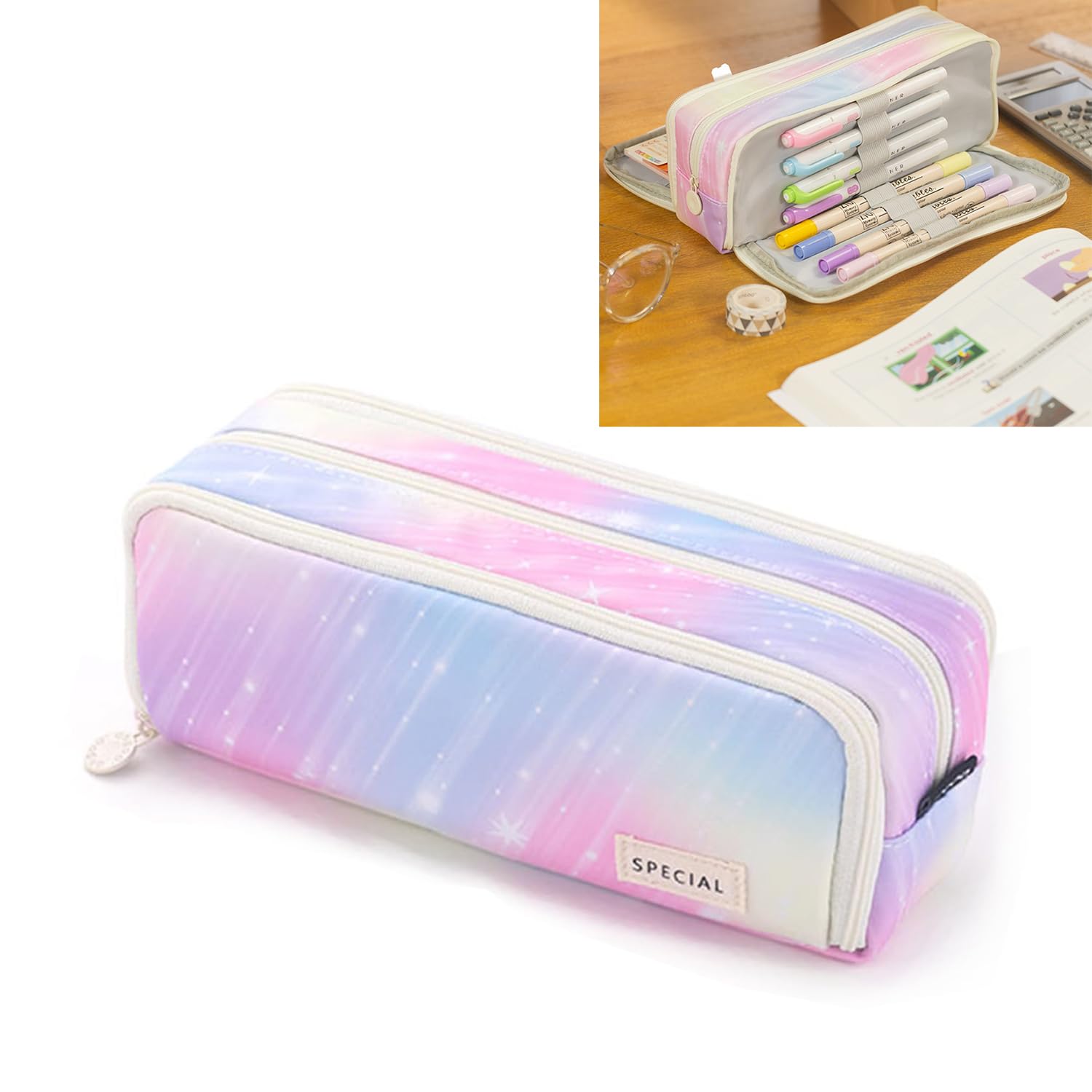 NEWUPZSI Pencil Case with 3 Compartments, Large Capacity, Pink Colour, 21.5 x 9 x 7 cm - Image 2