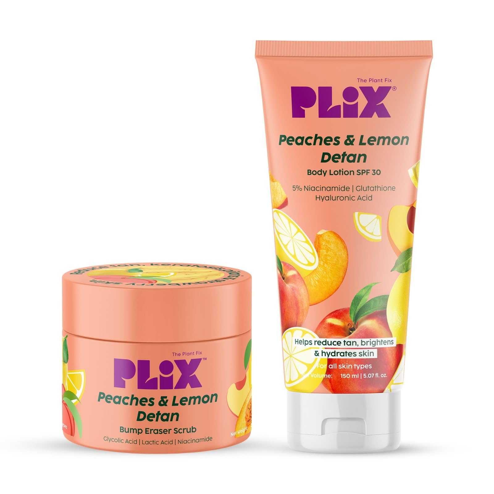 PLIX THE PLANT FIX Peaches & Lemon Detan Bump Eraser Scrub (200G) & Detan Body Lotion SPF 30 (150Ml) | Removes Tan & Restores Skinâ's Moisture, Reduces Dark Spots, Uneven Skin Tone-image-25