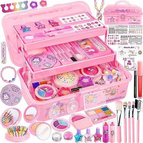 Frasheng Kit de Maquillaje Niñas, 35 Piezas Kit de Maquillaje para Niño Lavable, Juegos de Belleza Cosméticos, Tocador de Maquillaje Niña, Regalos No-Tóxicos para Princesas 3 4 5 6 7 8 9 10+ Años