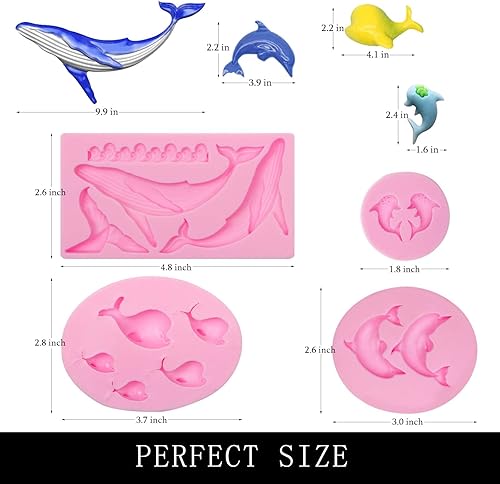 Miniatura 2 de Moldes de chocolate de delfín, 4 paquetes de moldes de silicona de ballena, moldes de playa de peces para decoración de pasteles temáticos de