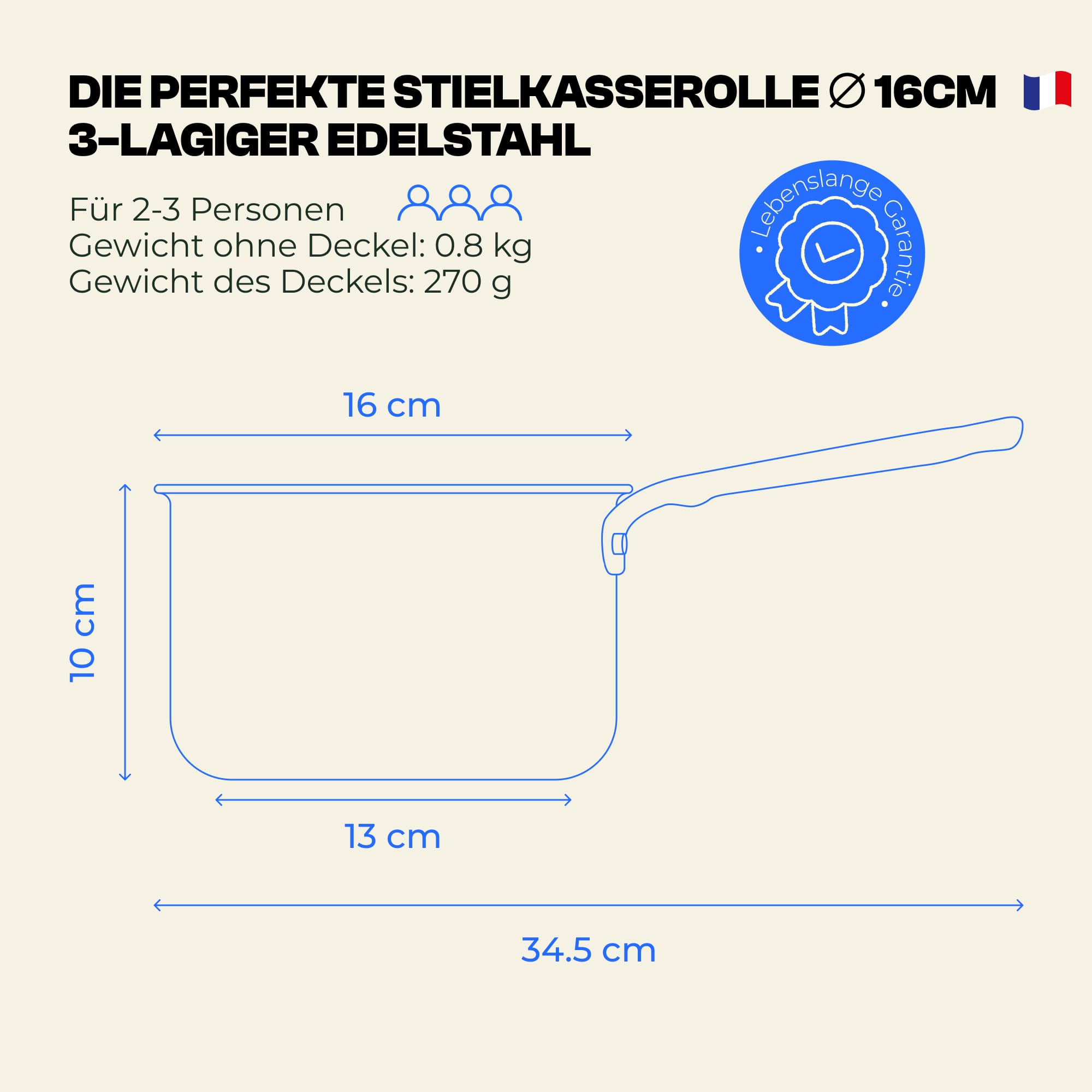 Atma Kochtopf Edelstahl 16 cm - 3-lagig mit Deckel - PFAS- & PTFE-frei | Genieteter Griff - Ohne Beschichtung - Gesundes Garen, Messskala, Ausgussrand - Alle Herdarten - Frankreich