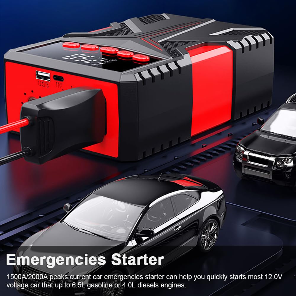 Booster de batería multifunción con compresor de aire, batería de pico de 2000 A (hasta 6,5 l motores de gasolina o diesel de 4,0 l) con función de inflador de neumáticos digital LED 150 PSI