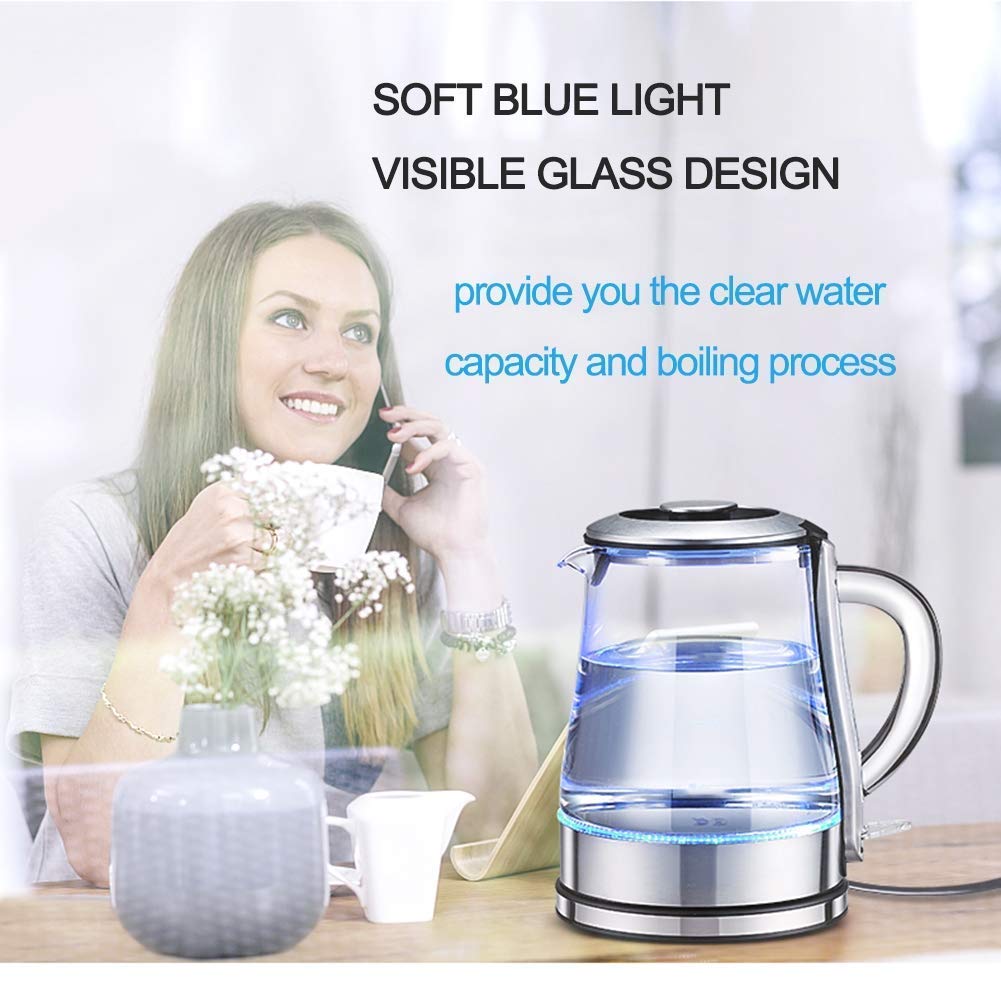 WYZQ Bollitore Elettrico in Vetro da 1,2 Litri, Bollitore Illuminato a LED Ecologico, Bollitore Wireless Senza Bpa con Coperchio Interno e Fondo in Acciaio Inossidabile, Spegnimento Automatico a