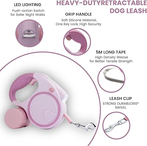 Miniatura 6 de Correa retráctil para perro con linterna y dispensador, correa retráctil para perro de 16 pies es perfecta para caminar de forma segura y cómoda con