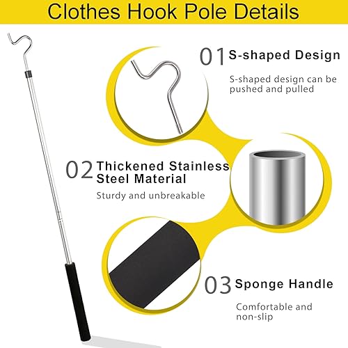 Miniatura 3 de Poste de alcance para armario con gancho de 51 pulgadas de largo telescópico para barra de armario, poste de estante, poste de techo. (4)