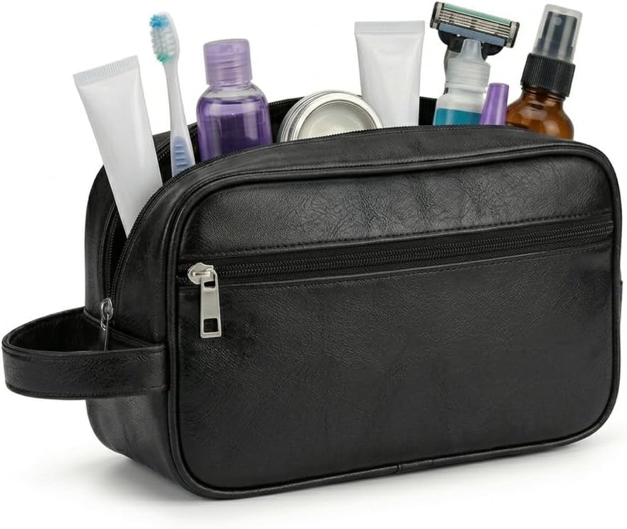 Necessaire Masculina de Couro, Impermeável, com 2 Divisórias, Organizador de Viagem Executivo para Higiene e Barba (Preto Clássico) Necessaire Masculina de Couro, Impermeável, com 2 Divisórias, Organizador de Viagem Executivo para Higiene e Barba (Preto Clássico)