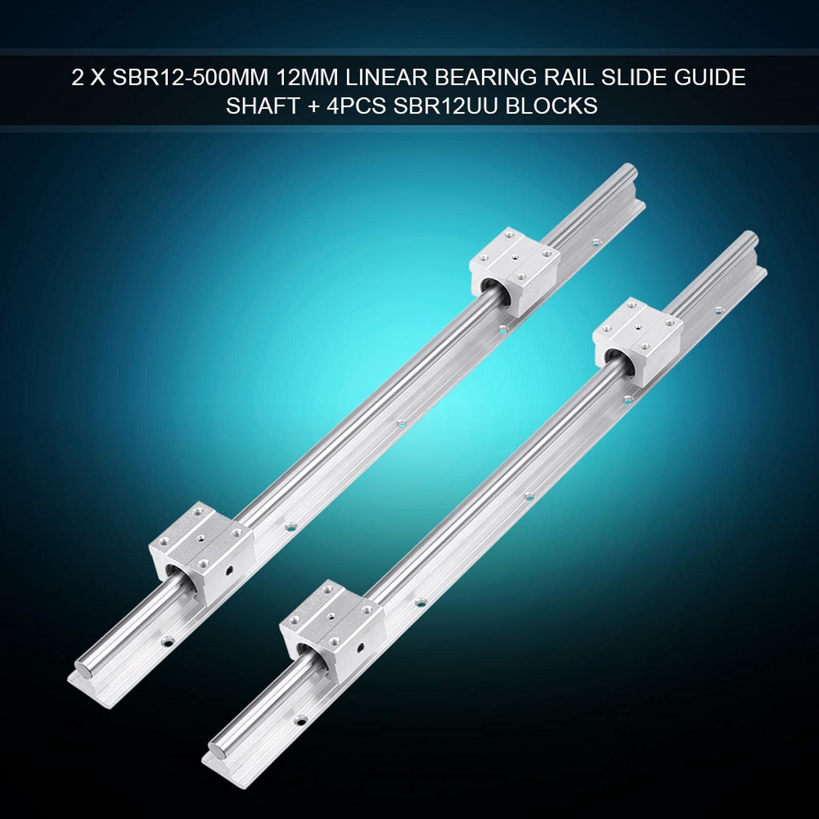 Guide linéaire, arbre de guidage sur rail, 2 pièces SBR12-500mm 12 MM arbre de guidage de glissière sur rail à roulement linéaire + 4 pièces SBR12UU blocs pour robot, calculatrice, enregistreur automa