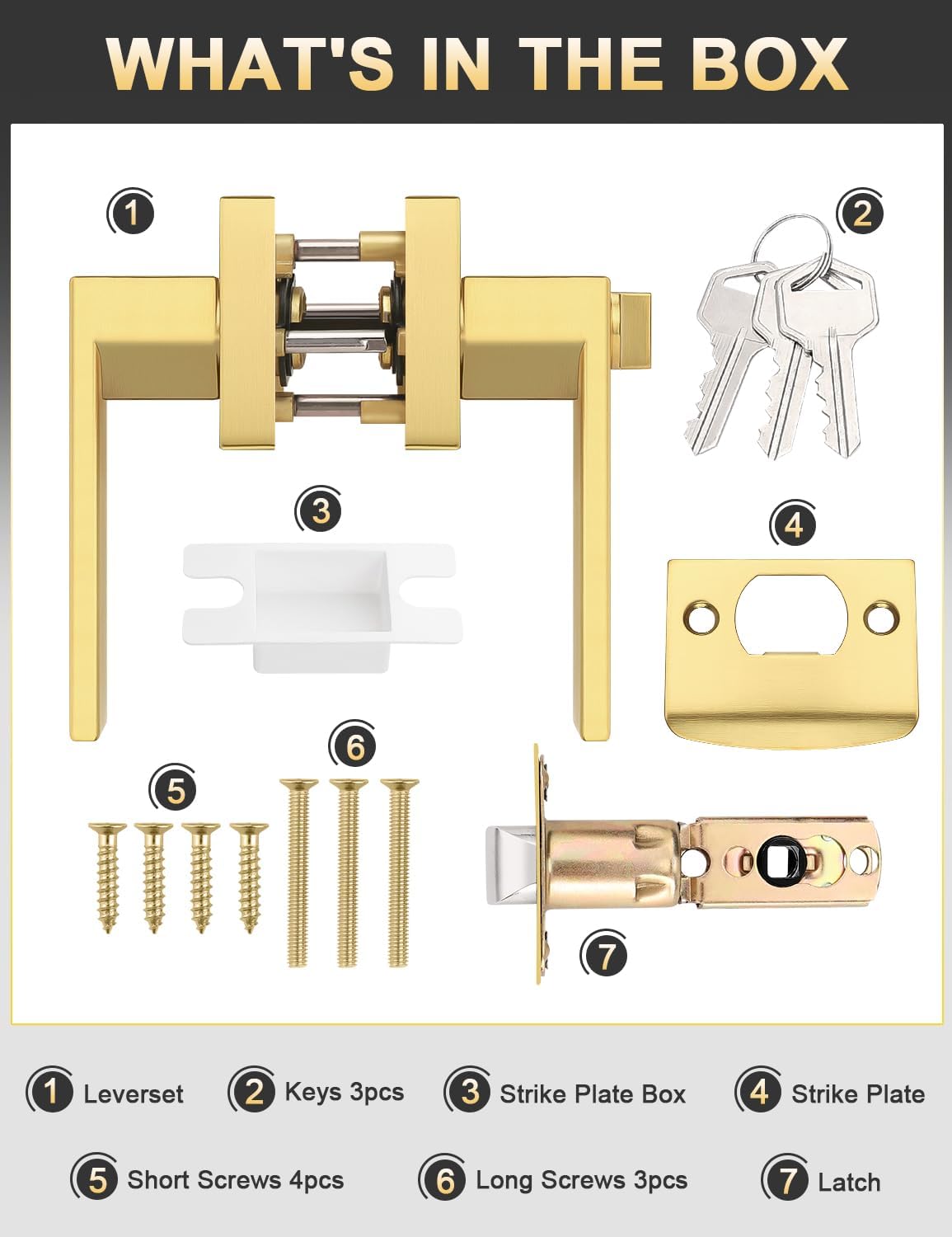 4 Pack Brushed Gold Entry Door Levers with Lock and Key, Satin Brass Keyed Alike Lockset Combo Pack, Entrance Door Handles for Office and Front Door, Door Knobs Lockset (Each with 3 Keys)
