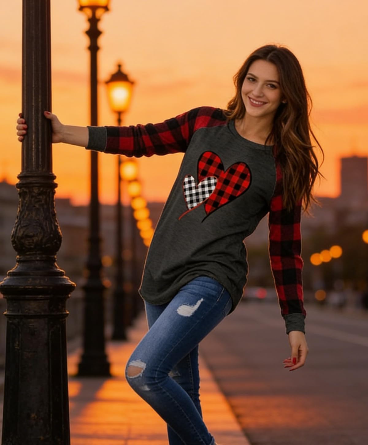 Valentines Shirts Women Buffalo Plaid Love Heart Graphic Tees Letter Print Long Sleeve Tops Shirts Valentines Gift - Image 6