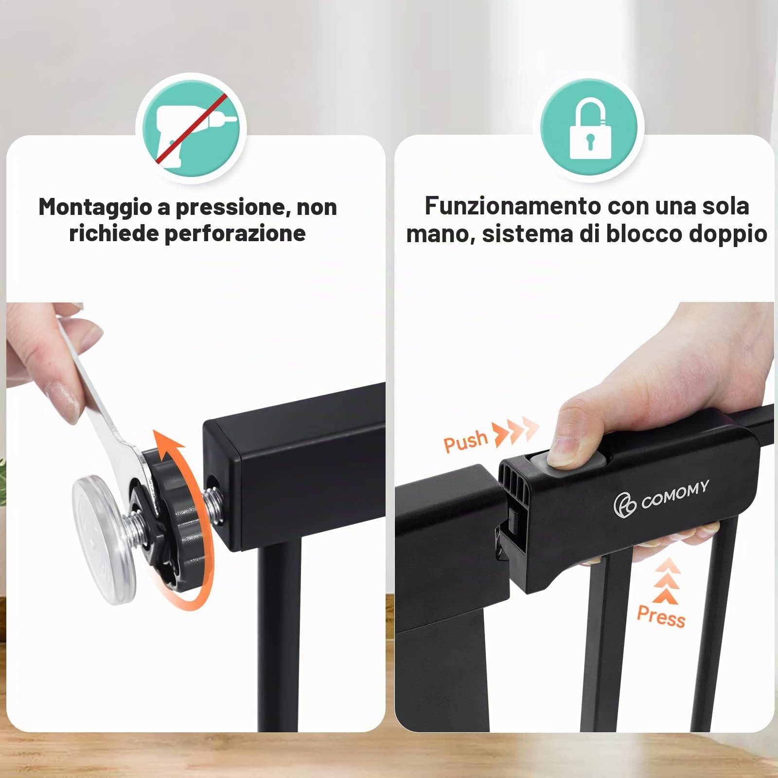 COMOMY 91,5cm Cancello per Cani Extra Alto, per Scale e Porte, 75 a 124cm di Larghezza, Montato a Pressione Cancelletto Bambini di Sicurezza Extra Largo a Chiusura Automatica per Casa, Nero