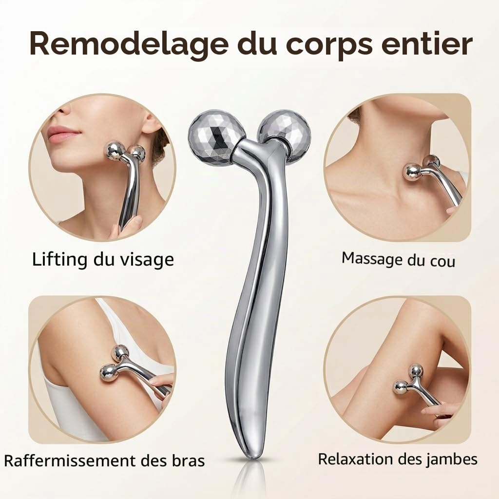 3D Roller Massage Visage, Masseur Visage Manuel ABS Plaqué Platine, Rouleau Visage pour Lifting et Raffermissement, Appareil Massage, Soins Corps et Relaxation, Argent