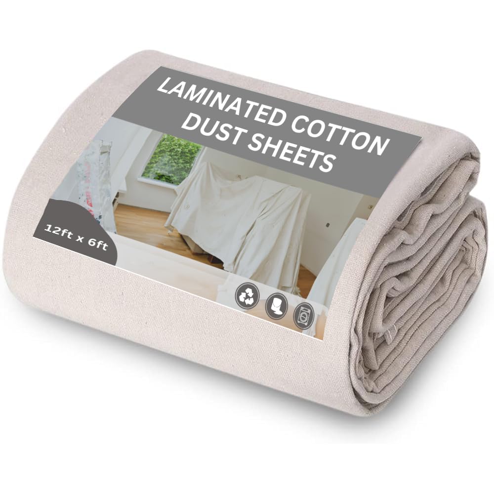 Jms Bridge Beige Laminated Cotton Dust Sheets For Painting & Decorating – 12Ft X 6Ft (Pack Of 2) Paint Cover With Polythene Backing – Reusable Drop Cloth For Furniture & Floors – Waterproof Decorating & Dust Sheets