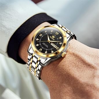 OLEVS Men's Watch Luxury Business Dress Watch UK Diamond Design Quartz Stainless Steel Waterproof Luminous Week Calendar Gift
