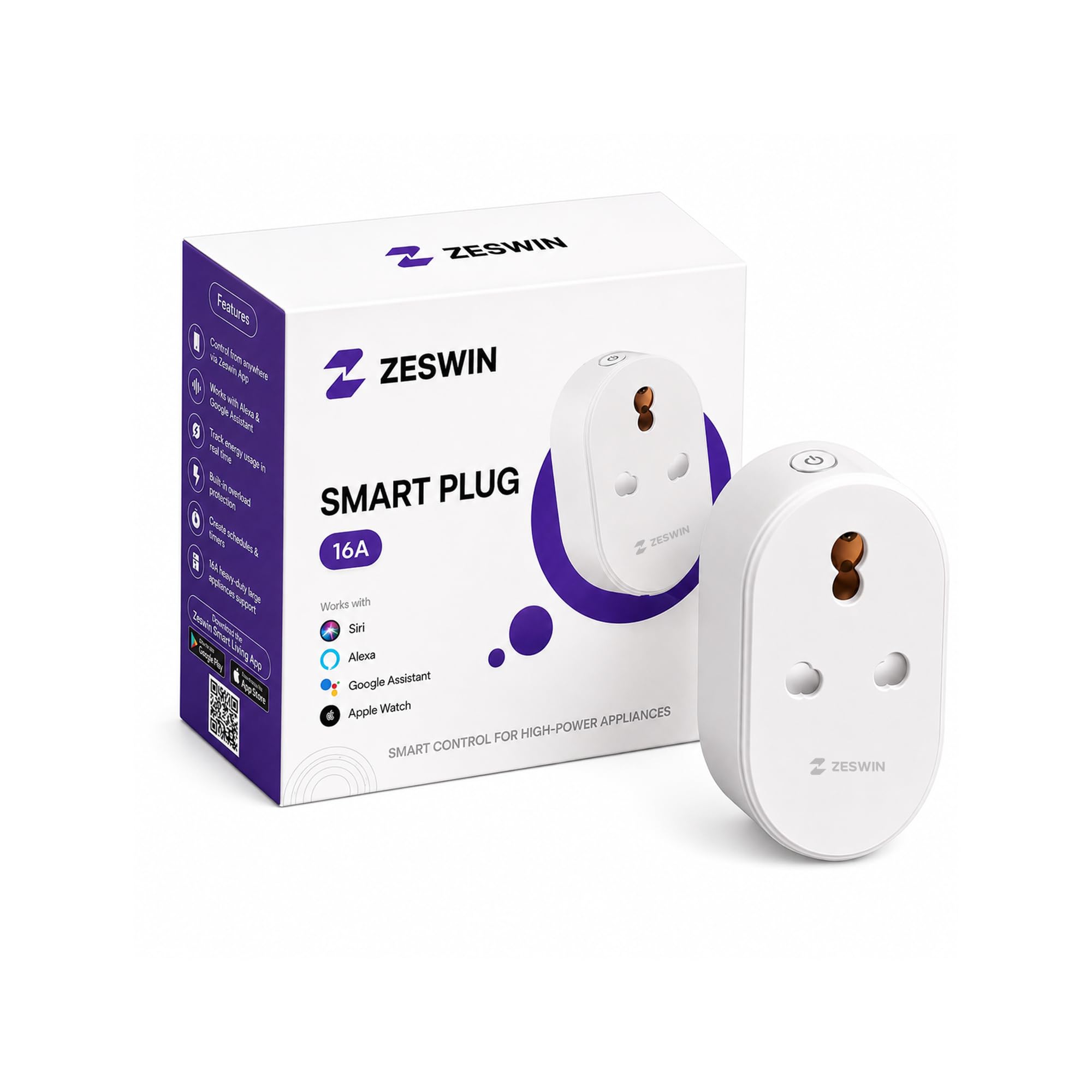 ZESWIN Volt One 16A Wi-Fi Smart Plug with Energy Monitoring, App Control, Alexa & Google Home Support – Heavy Duty Socket for AC, Geyser & Appliances (White)