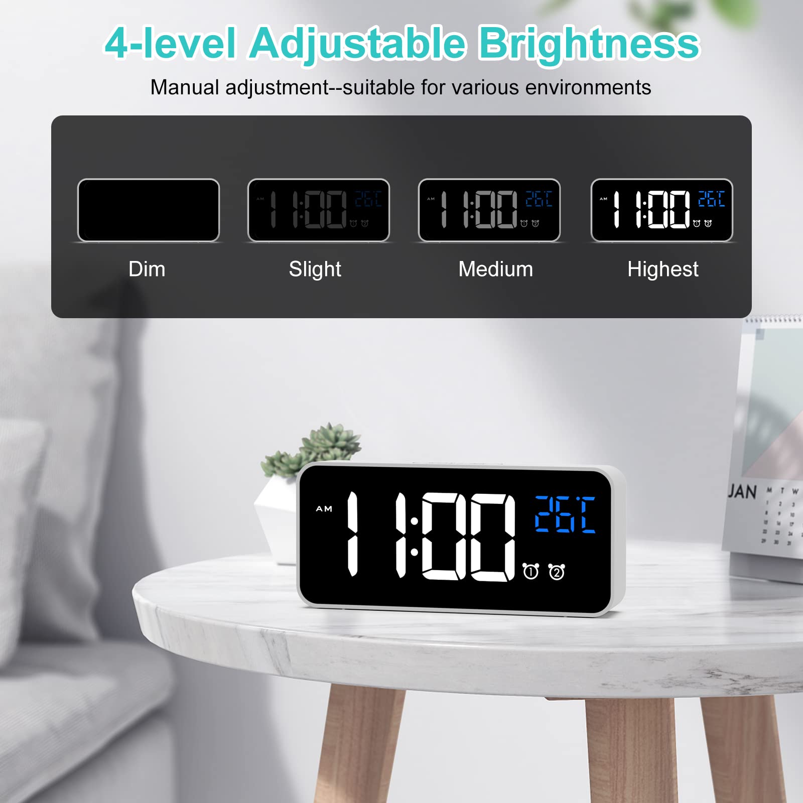 HERMIC Sveglia Digitale, Sveglia da Comodino con Temperatura, Orologio Digitale con 2 Allarme, Snooze, 4 Livelli di Luminosità, Controllo Vocale, USB Ricaricare, Sistema 12/24 Ore (Bianca)