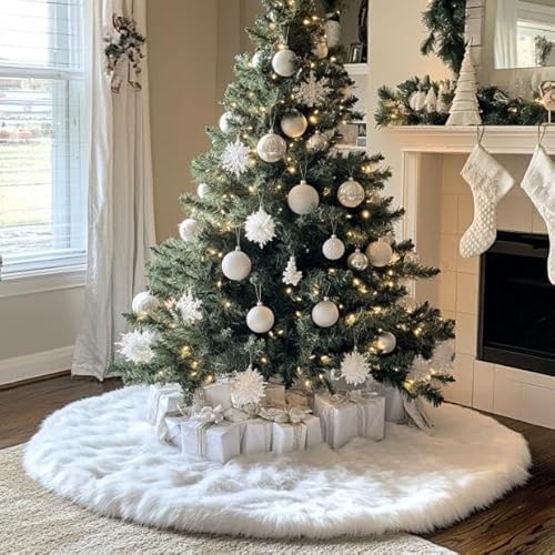 image for AOGU 48 Inch Faux Fur Christmas Tree Skirt White Plush Skirt for Merry