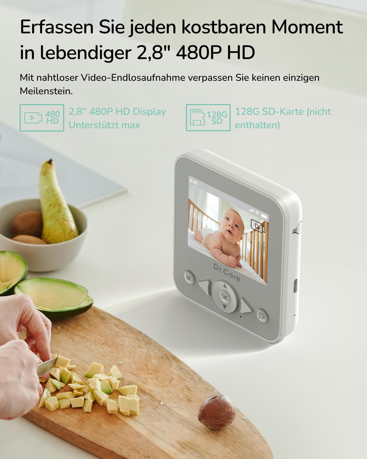 Dr.Care NeoView Video-Babyphone – 2,8" Display, 2-Wege-Audio, Video-Schleifenaufnahme, Nachtsicht, VOX, Temperatursensor, Schlaflieder, Gürtelclip, bis 128GB