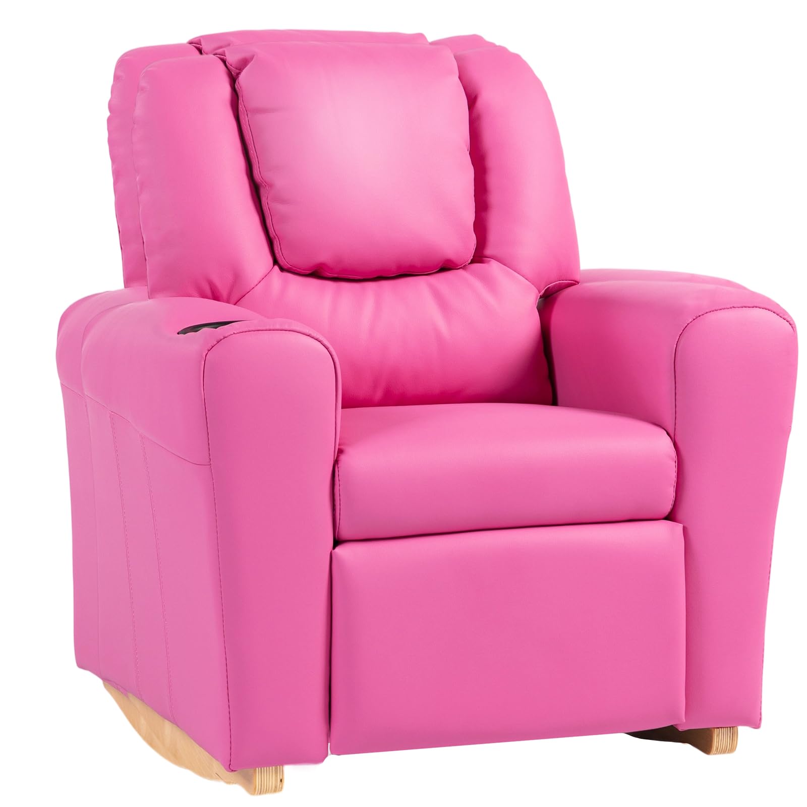AVAWING Kids Recliner Chair with Cup Holder, Leather Toddler Recliner with Adjustable Backrest, Curved Rocking Legs and Comfy Armrests for Bedroom or Nursery, Pink
