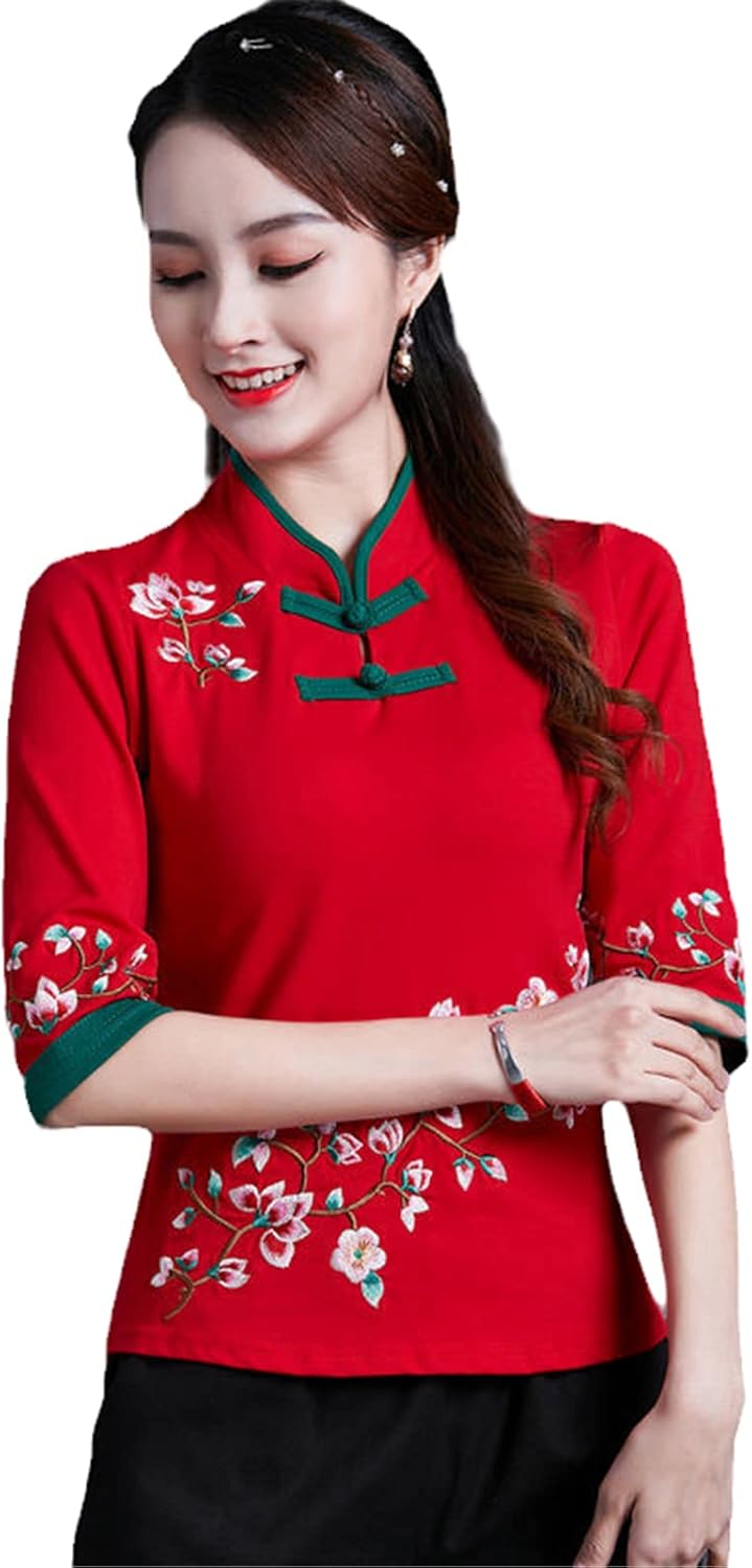 Cheongsam Women's Summer Cotton Embroidery Splicing Stand Collar Chinese Style Qipao Shirts Woman