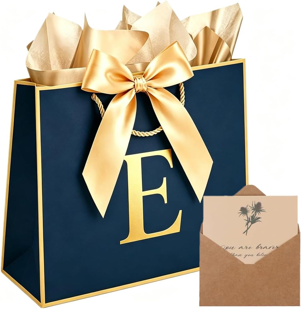 Topaliving Personalized Gift Bag with Card and Tissue Paper, 26 Letters Birthday Gift Bag 13''Custom Valentines Weddings Present with Initials/Numbers for Women Men Kids (Blue,E)