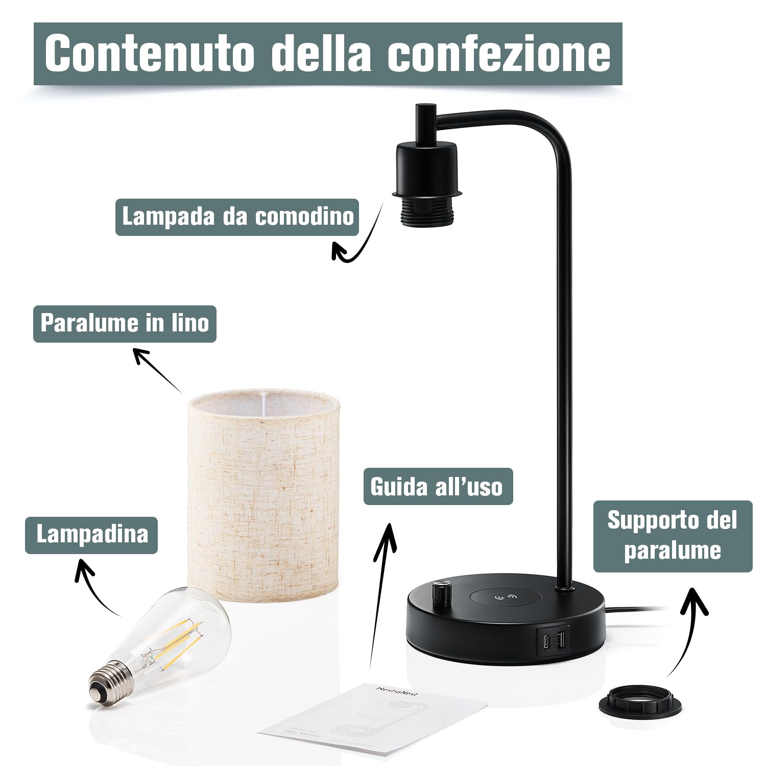 Lampada da Comodino LED con Caricabatterie Wireless e Porte di Ricarica USB A+C, Luminosità Regolabile, Luce Notturna Bambini, Abat Jour Comodino, Camera da letto, Lampada da Scrivania, Lampada Tavolo