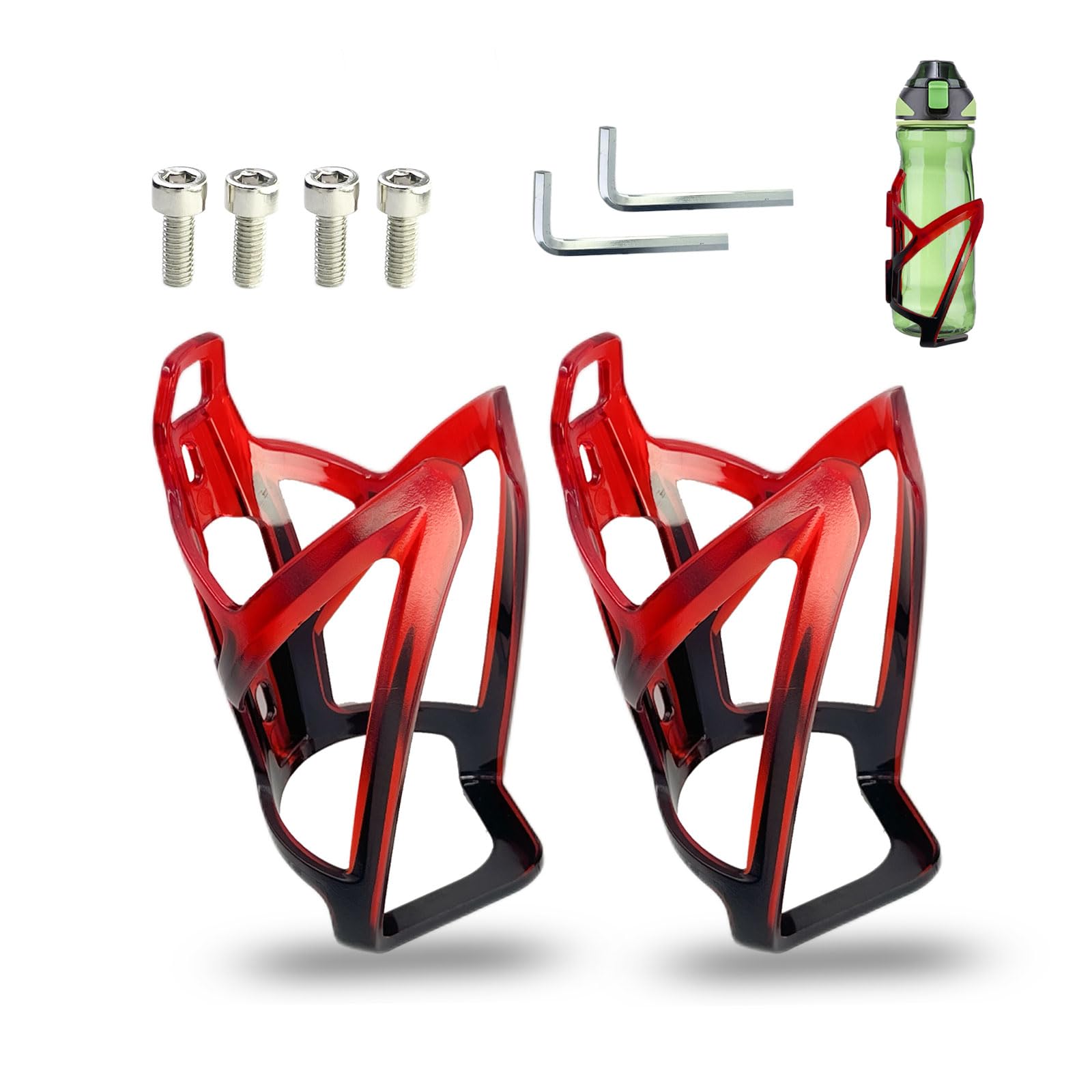 SEYUGOPTI 2Pcs Bike Water Bottle Cage, Gradient Lightweight PC Bottle Cage Holder for Road Mountain and Bikes, Strong Bicycle Drink Cup Holders with Screws and Wrench, Red-to-Black Gradient