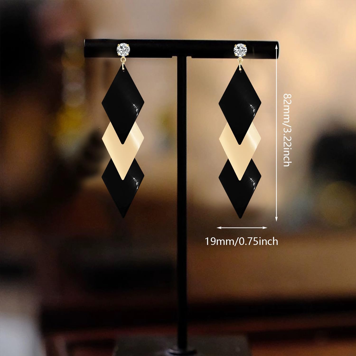 70s 80s Retro Lightweight Three Rhombus Chain Dangle Drop Earring Minimalist Geometry Stud Earrings for Women - Image 5