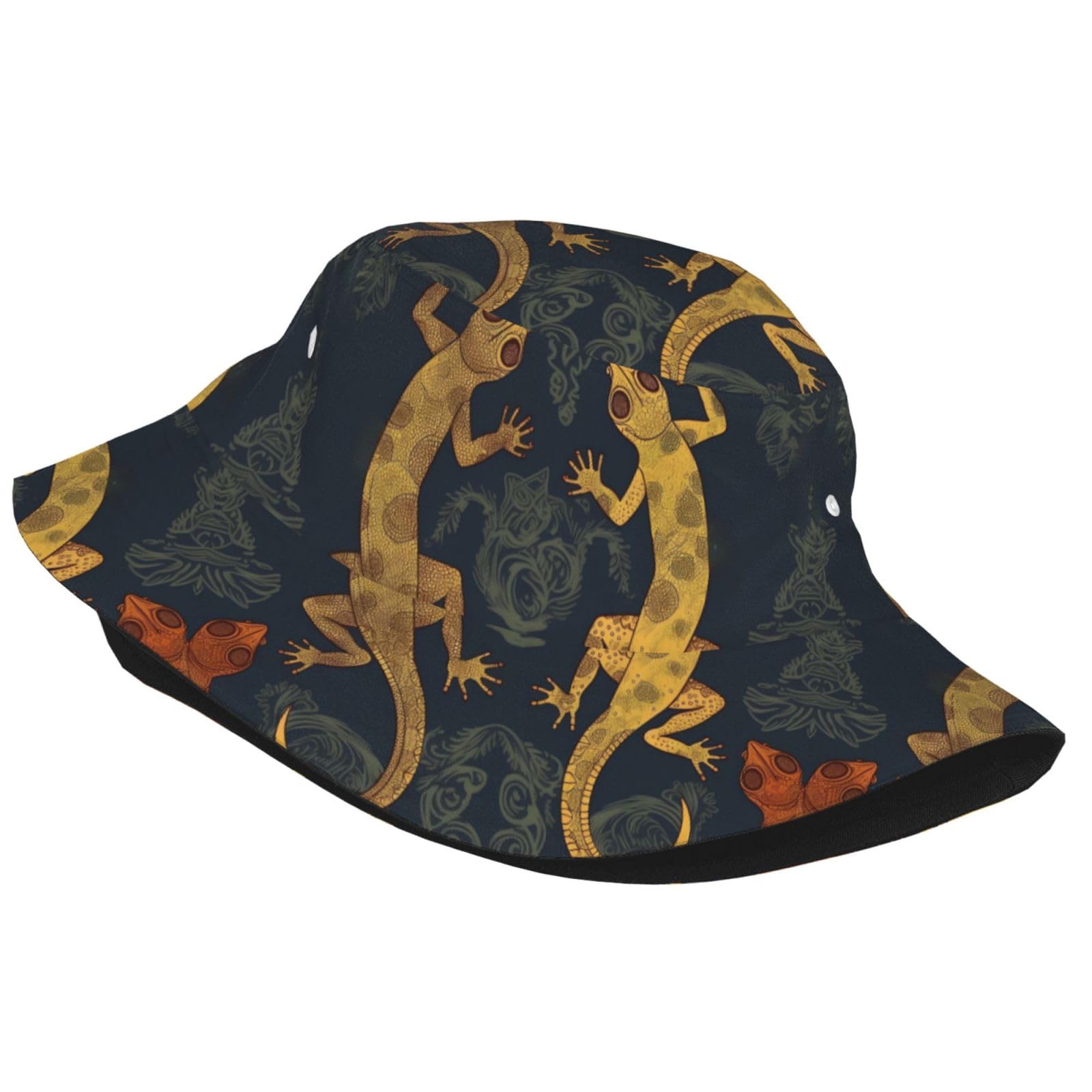 Unisex Cute Bucket Hat Summer Travel Fisherman Cap Gecko Lizards Beach Travel Sun Hat Outdoor Cap Black