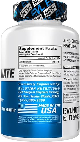 Miniatura 2 de Evlution Nutrition Zinc Gluconate - Suplemento de salud inmunológica - Ojos + próstata + apoyo hepático - refuerzo antioxidante - 60 porciones