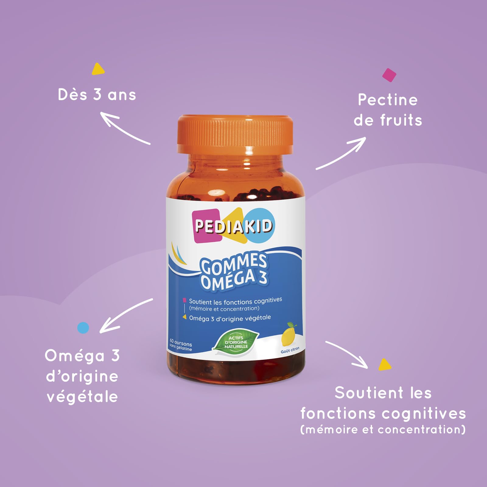PEDIAKID - Gommes Oméga 3 - Formule Naturelle au Délicieux Arôme de Citron - Soutient les Fonctions Cognitives - Favorise la Croissance et le Développement Cérébral - Lot de 3 piluliers