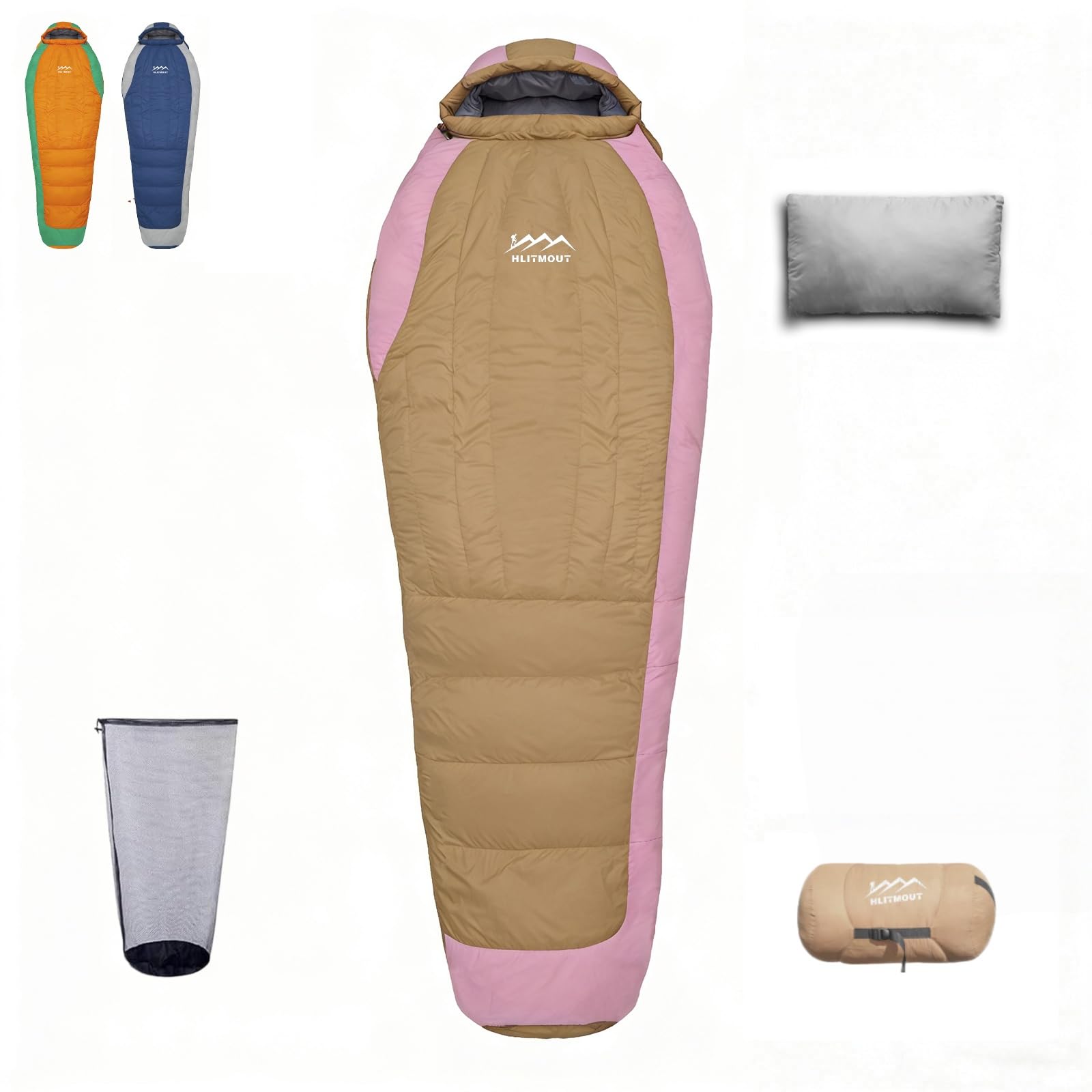 HLITMOUT Ultraleichter Daunenschlafsack mit Kissen, leichter kleiner Schlafsack für Damen, Herren, Kinder, Jungen und Mädchen, Wandern, Rucksackreisen und Camping im Freien (Rosa, 800 g Daunenfüllung) Sport & Freizeit