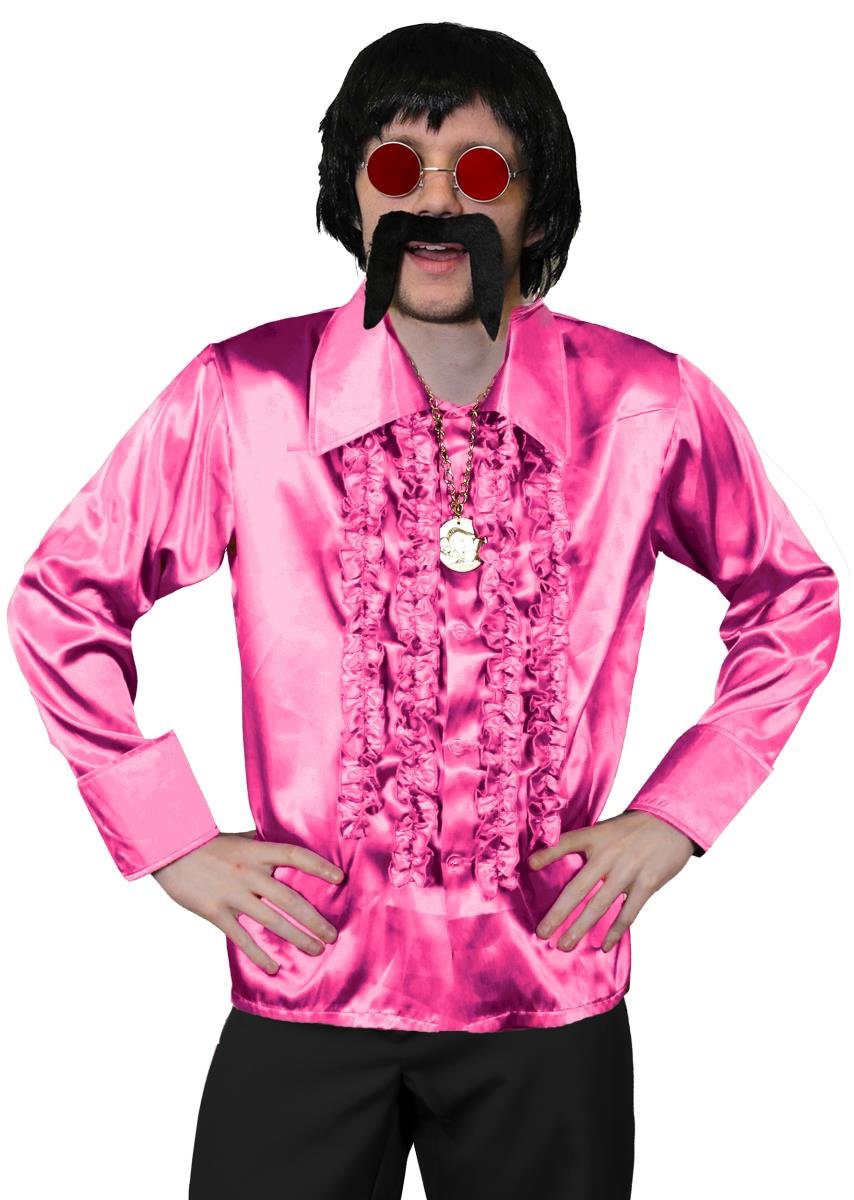 Mens 70s Disco Fancy Dress Costume - Mens Short Black Wig, Pink Disco Shirt, Gold Medallion, Red Coloured Glasses + Black Moustache - Funky Fancy Dress Costume - Pink Shirt (Medium) — image 1