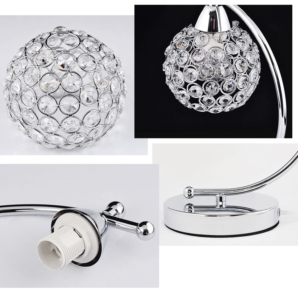 Lampada da tavolo moderna in cristallo, Lampada da comodino in argento cromato, Lampada da scrivania con interruttore on / off in linea, Luce notturna decorativa per camera da letto (Silver)