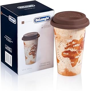 De'Longhi Double-Wall Ceramic Mug 300ml - Handmade Thermal Mug with Silicone Lid