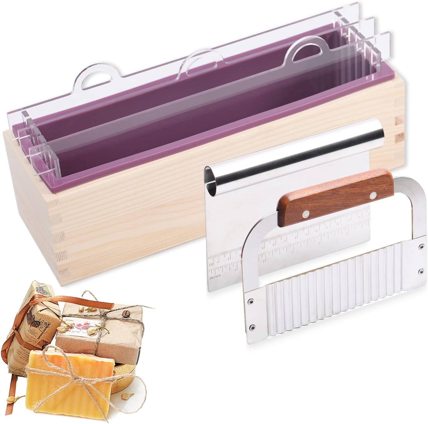 Silicone Soap Molds Kit-1.2 kg Flexible Rectangular Loaf Soap Mould with Wood Box and Acrylic Divider Boards, Wavy & Straight Slicer for DIY Swirl Making