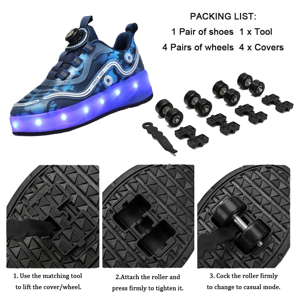 ENEN Chaussure à Roulette Lumière LED, Chaussures à Roulettes Rétractables Garçons Basket Roulette Enfant Fille, Roller 4 Roues Déformable Adolescents Intérieur Extérieur 30-40 EU