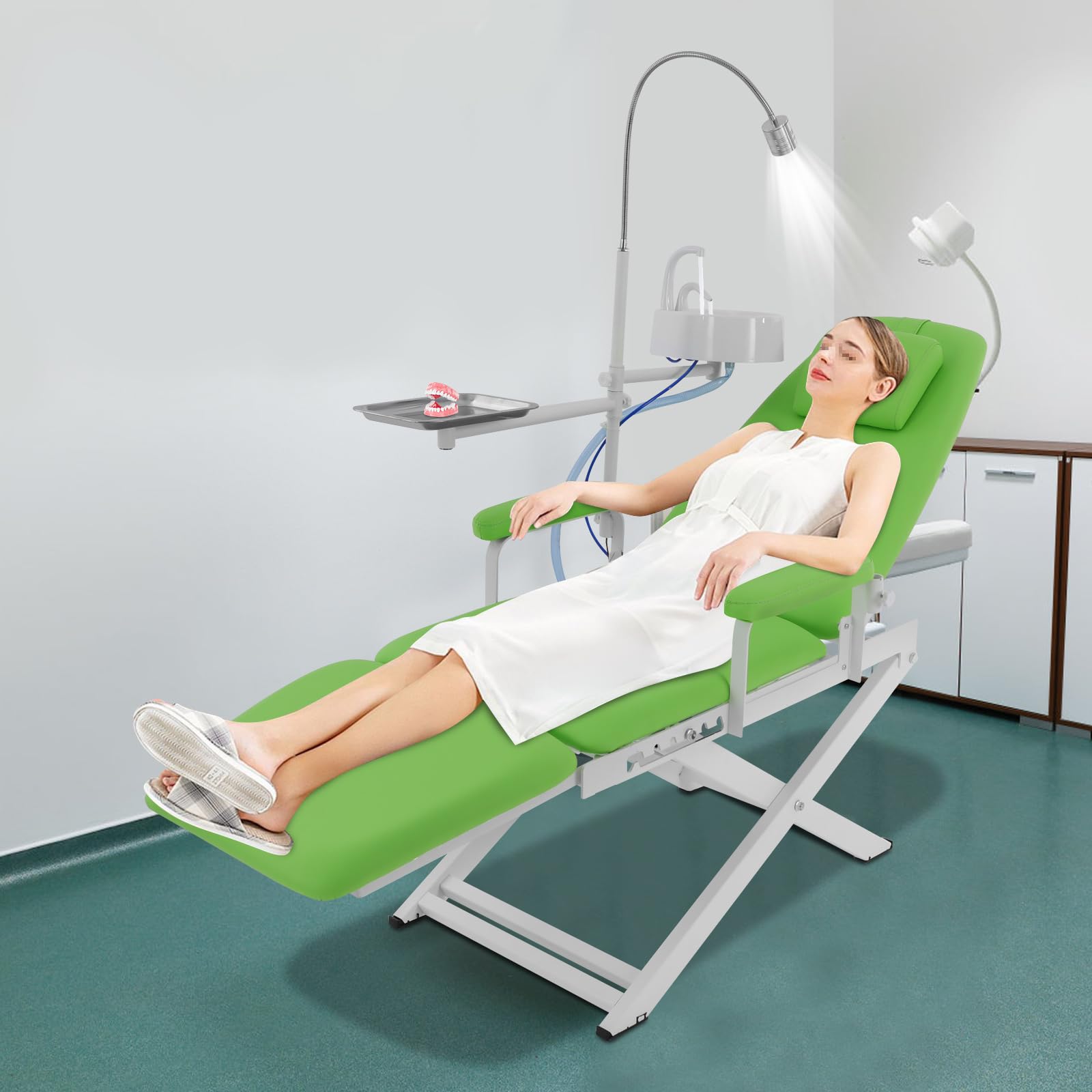 Featured: (6) Portable Dental Chair with Tray+Spittoon+Hanging Turbine+LED Light 