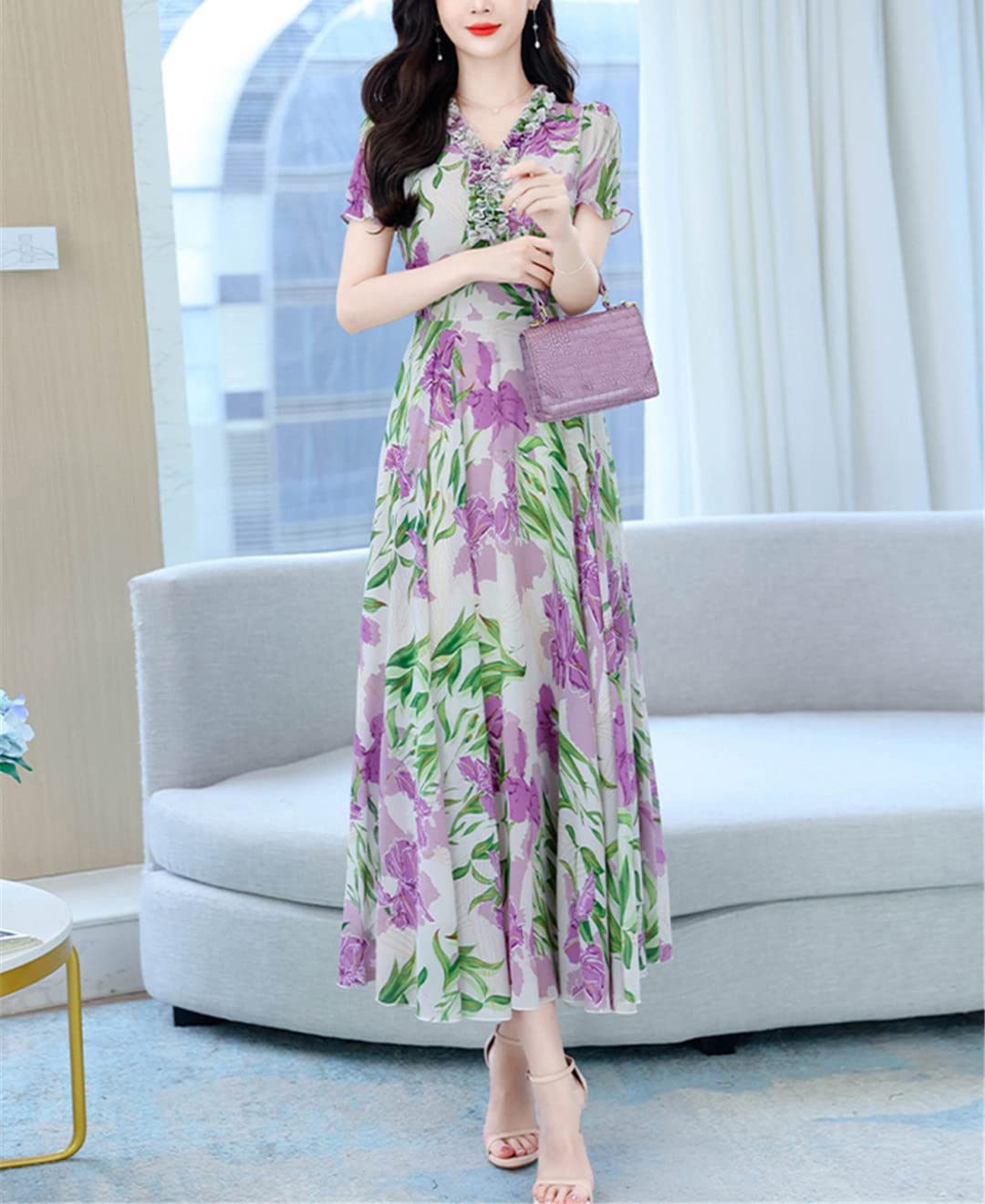 Abito lungo da donna, in chiffon, floreale, alla moda, elegante, con scollo a V, abito midi