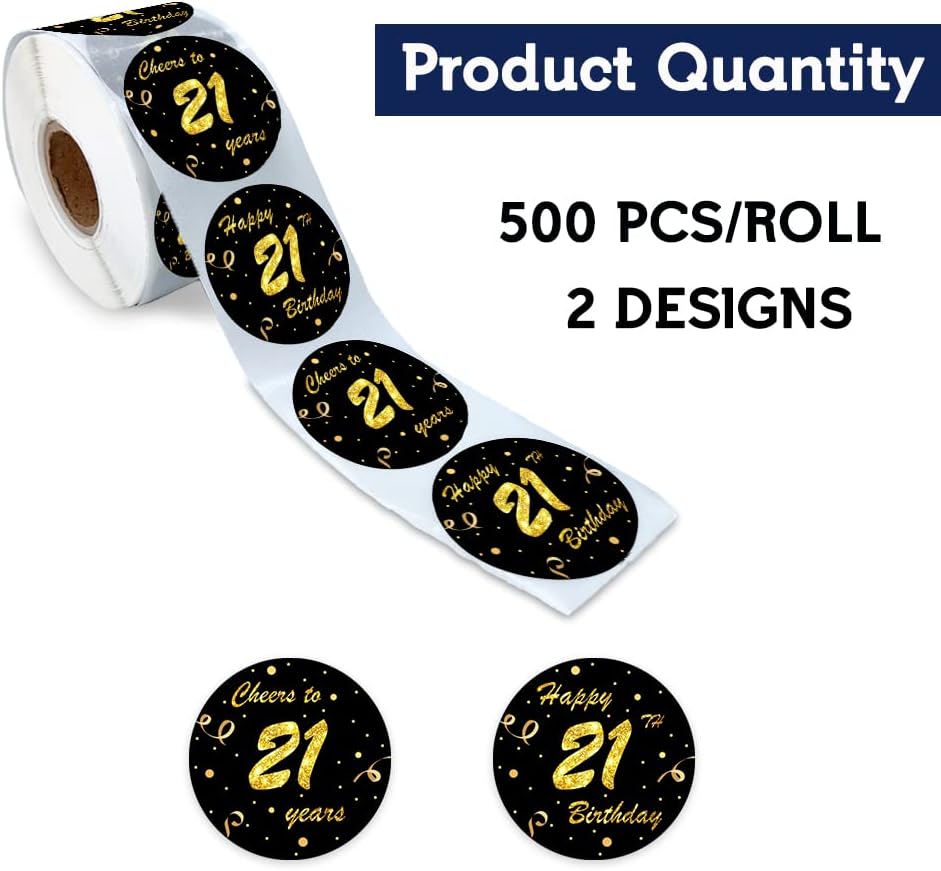 REWIDPARTY Black Gold 21st Birthday Stickers - Cheers to 21 Years, Anniversary Party Decorations - Adhesive Stickers (500 Per Roll) - Image 2