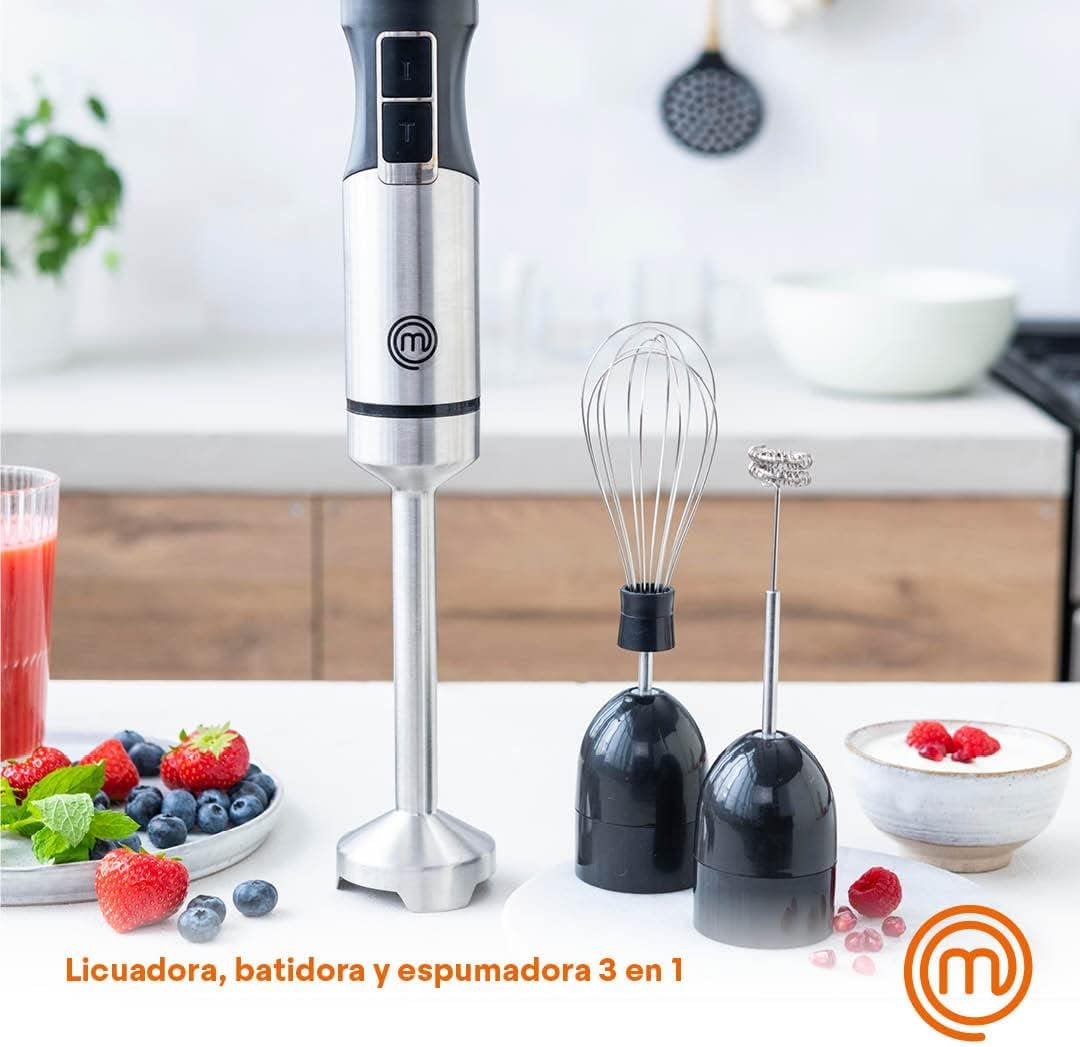 MasterChef Batidora de Mano con Espumador de Leche y Varillas, 2 Velocidades, Perfecto para el Capuchino y la Sopa 400W, Plastico y Acero Inoxidable, Negro