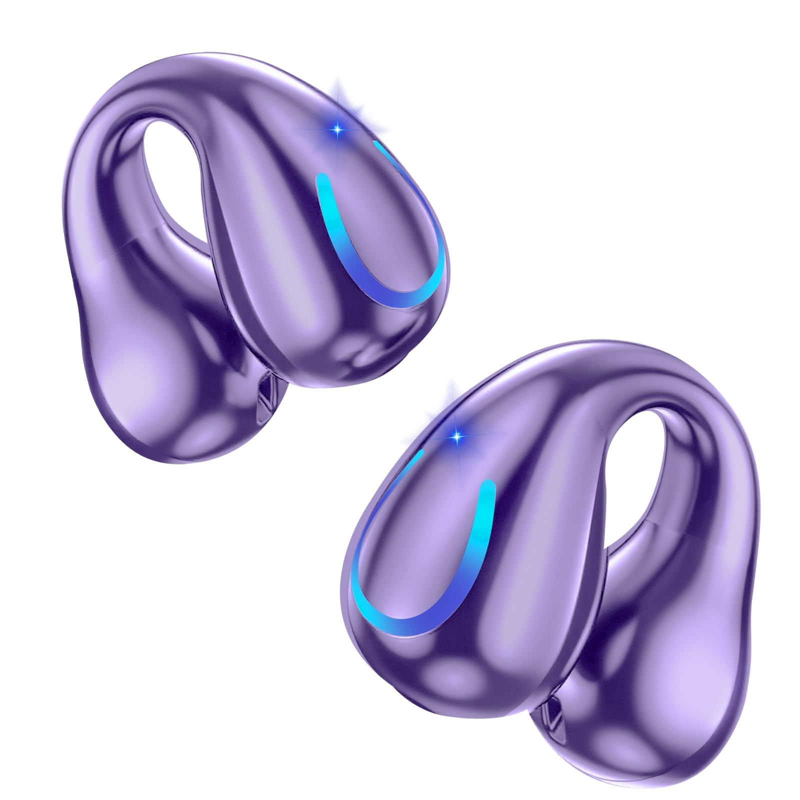 Ultra Open Ear Headphones Bluetooth 5.3 Wireless Clip On Earbuds with Digital Display Charging Case 60 Hours Playtime Sport Earphones Built-in Mic IPX7 Waterproof for Running Fitness Purple