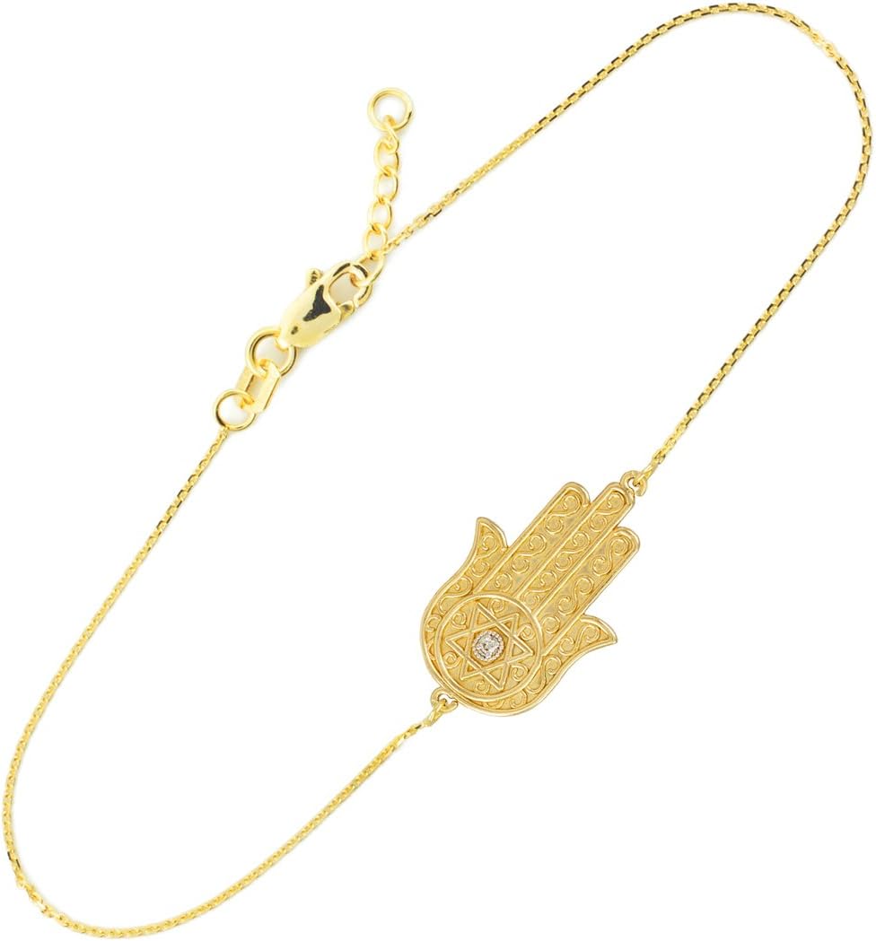 14k Yellow Gold Diamond Star of David Jewish Hamsa Charm Bracelet, 7.5" to 8.0" Adjustable