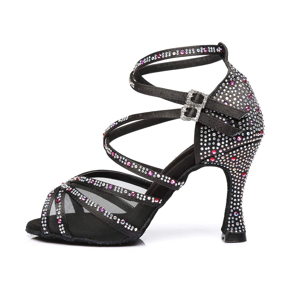 HROYL Zapatos de Baile de Salón Tacon Mujer Fiesta Elegante Zapatos de Baile de Diamante de Imitación Latino Salsa Tango, ES-YCL373-Negro-7.5 EU 43