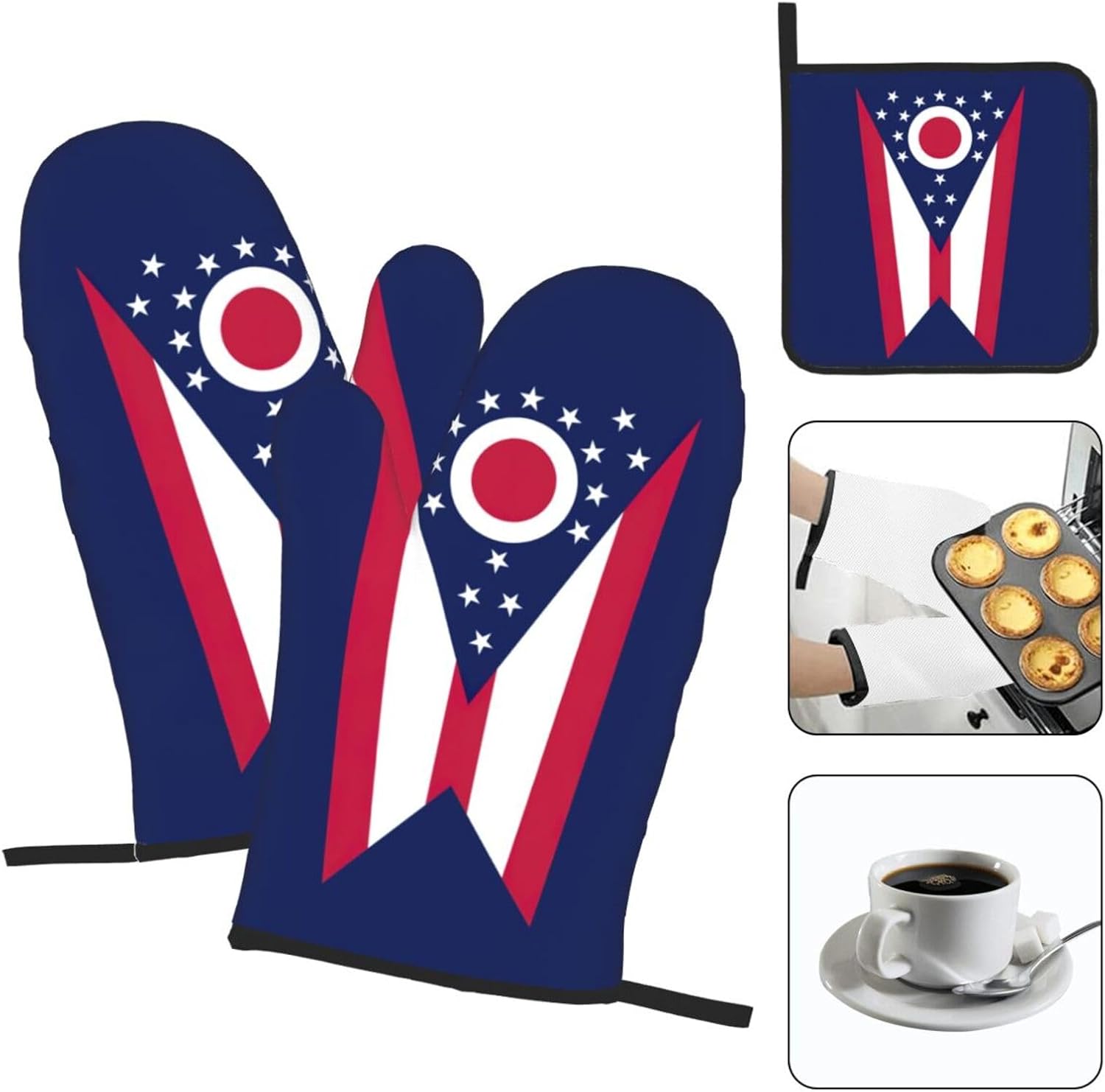Ohio State Flag Kitchen baking three piece set/oven gloves, fit for cooking, baking, steaming, and grilling
