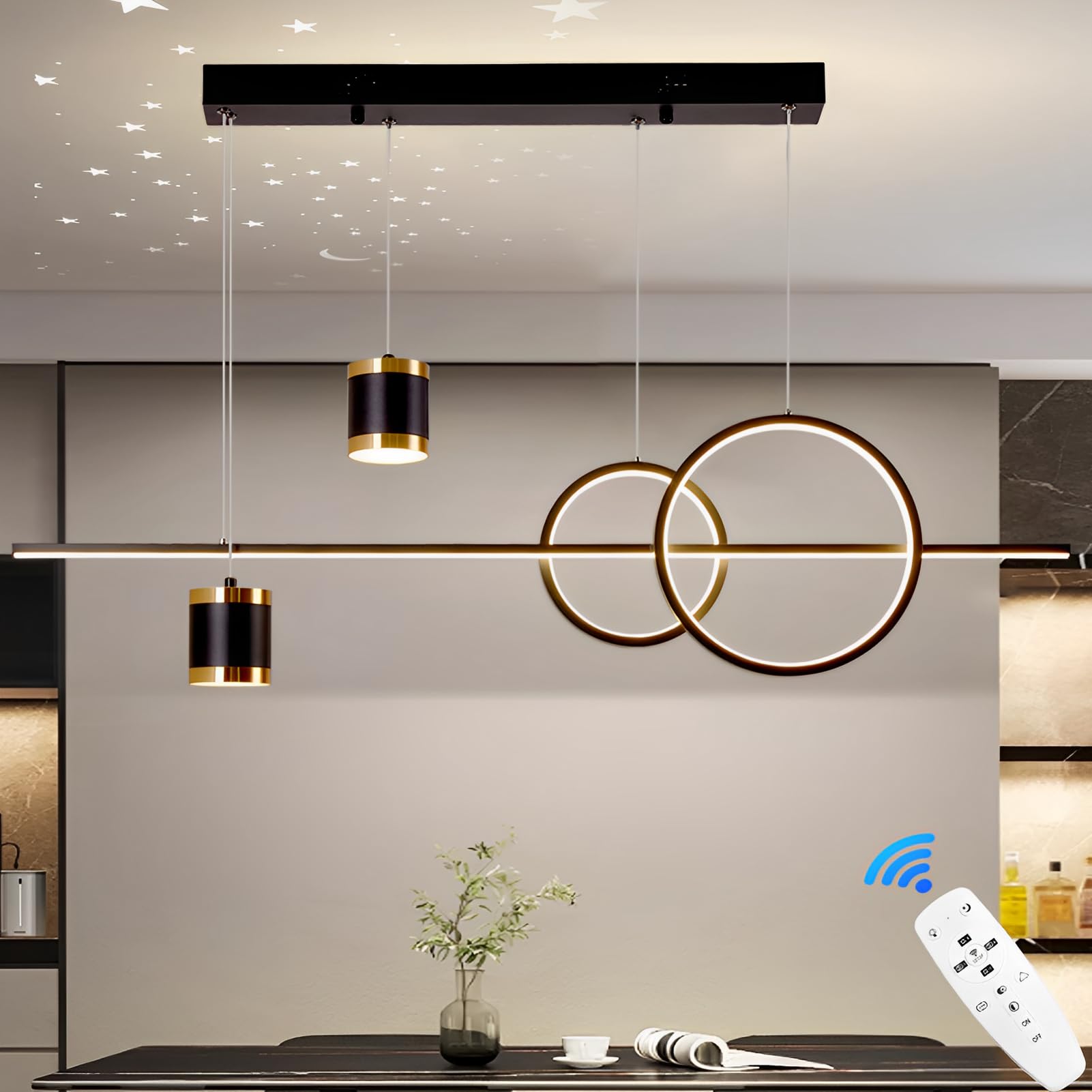 LED Pendelleuchte Esstisch Hängelampe Wohnzimmer Modern 49W Sternenhimmel Konvergiert Kronleuchter Dimmbare Hängeleuchte mit Fernbedienung Esszimmerlampe 120cm Höhenverstellbar,Schwarze